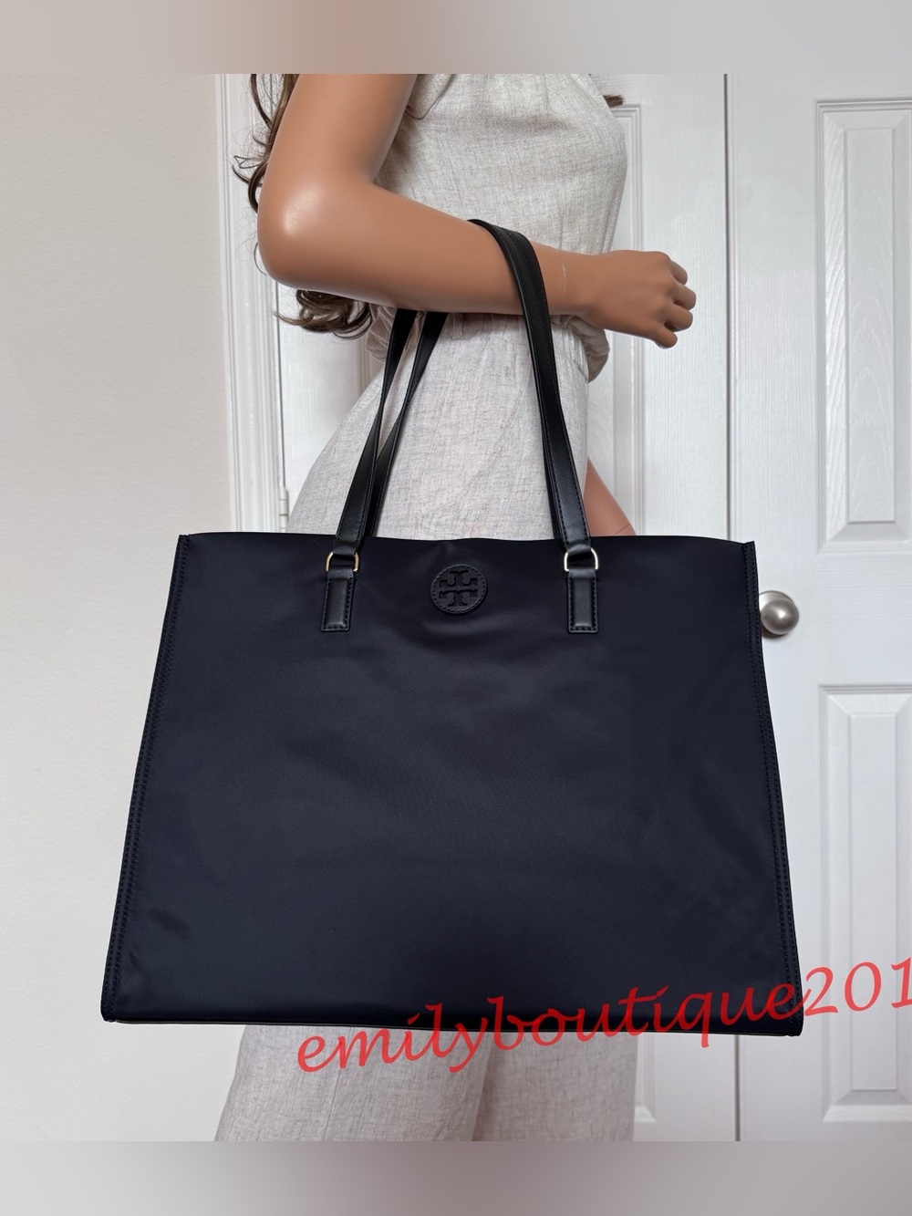 NWT Tory Burch 136144 Nylon Ella Tote Black Large Bag Lightweight